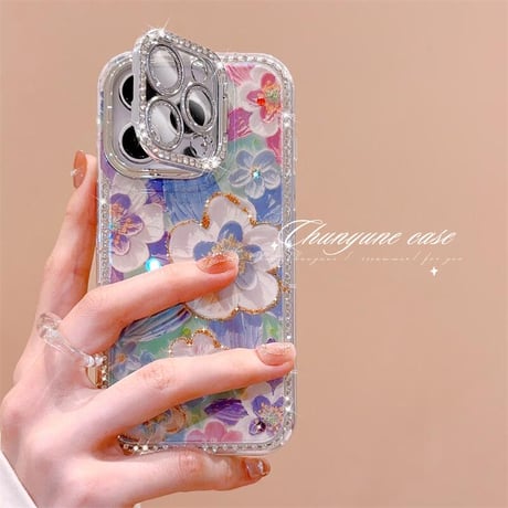 CUTECASE ジュエリーカメラカバースタンド iPhone17/16Proケース 油絵花柄 iPhone15pro/14/13カバー 綺麗 多機能便利CM5586