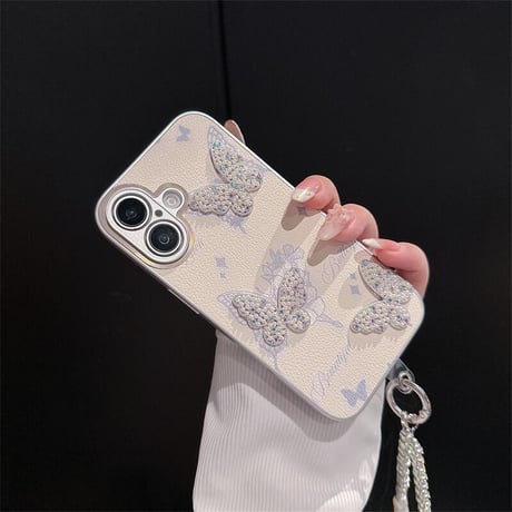 CUTECASE蝶々デコ iPhone16e/16proケース 高級感パールストラップ付 iPhone15promax/14/13カバー かわいい エレガントCM5316