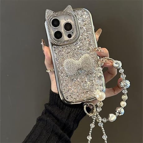CUTECASEジュエリーリボン iPhone16/16Proケース 猫耳 キラキラグリッター アイフォン15プロ/14/13proカバー おしゃれストラップ 豪華 CM4827