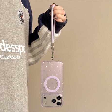 CUTECASEミラー付花グリップ iPhone17pro/17ケース MagSafe対応 iPhone16/15promax/14ケース レザーストラップ ラベンダーに合うCM6097