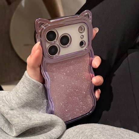 CUTECASE 猫の耳iPhone17Promaxケースラメ入りシール付き アイフォン16/15pro/14/13カバー オシャレ 可愛いうねうね メッキ CM2403