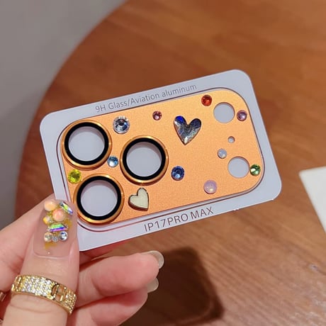 CUTECASE ダイヤとカラーハートデコ カメラ保護カバー 頑丈 iPhone17ProMax 贅沢 保護フィルム キラキラ おしゃれ きれい 耐衝撃CM6159