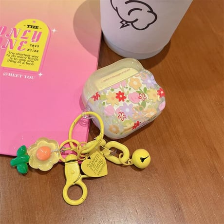 CUTECASEきれい花柄 Airpods4ケース 花キーホルダー付 AirpodsPro2ケース airpods3/2ケース 可愛い ギフトにおすすめCM5598