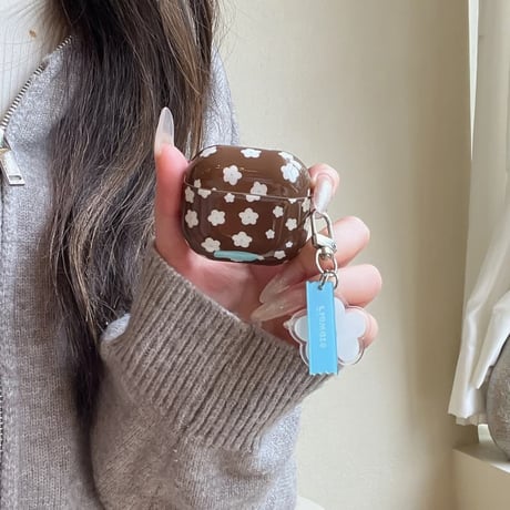 CUTECASE 韓国っぽ Airpods Pro3ケース 花柄 Airpods4/3カバー pro2/pro1 白花キーホルダー/リング ブラウンカラーCM6057