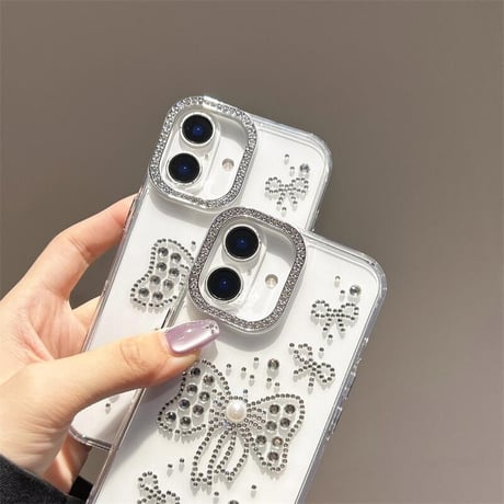 CUTECASEハンドメイド iPhone16pro/16plusケース ダイヤリボンデコ iPhone15promax/14/13カバー オシャレ キラキラCM5456