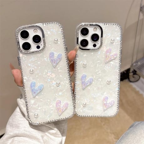 CUTECASE ハートデコ iPhone16pro/16カバー シェル柄 iPhone15pro/14promax/13ケース パール/ジュエリーデコ 上品 大人可愛い CM5314