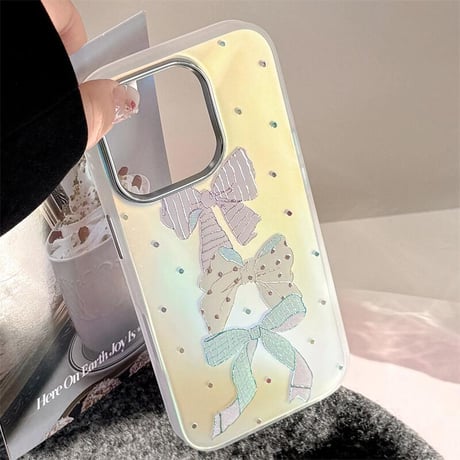 CUTECASEリボン柄 光るiPhone16pro/17ケース ダイヤデコ iPhone15pro/14/13カバー シック 可愛い CM5599