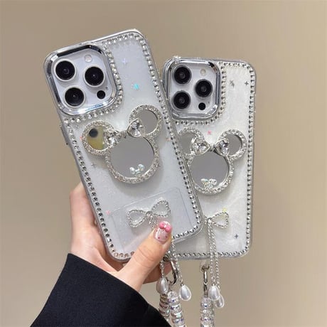 CUTECASEダイヤリボン鏡 アイフォン16/16プロケース ジュエリーデコ iPhone15pro/14/13proカバー 大人可愛い パールストラップ 高級感CM5482