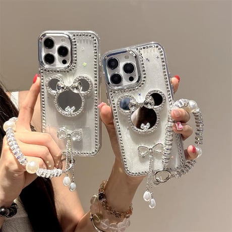 CUTECASEダイヤリボン鏡 アイフォン16/16プロケース ジュエリーデコ iPhone15pro/14/13proカバー 大人可愛い パールストラップ 高級感CM5482