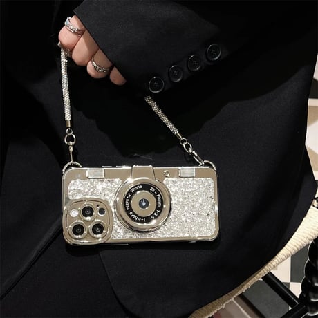 CUTECASE カメラデザイン iPhone15pro/15ケース ジュエリーチェーン iPhone14promax/13/12カバー グリッター入りCM4480