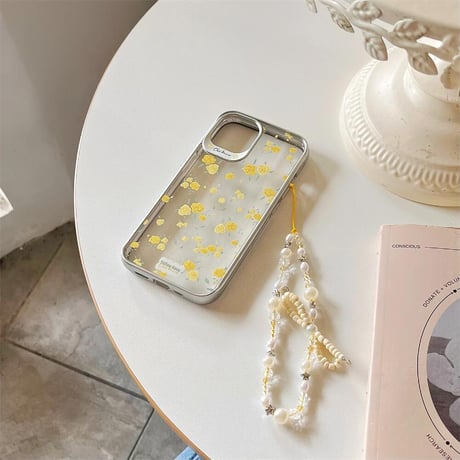 CUTECASE黄色薔薇柄 iPhone15/15proケース ストラップ付 iPhone14/13pro/12promaxケース かわいい きれいCM4471