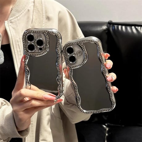 CUTECASEジュエリー鏡付 iPhone16/16proケース うねうね アイフォン15pro/14/13proケース 大人可愛い 女子力UP メッキCM5148
