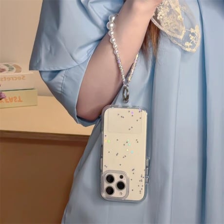 CUTECASEハートグリッター iPhone16pro/16ケース 高透明 パールストラップ iPhone15pro/14/13カバー 可愛い 高級感たっぷりCM5219