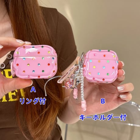CUTECASE キラキラ感水玉模様 Airpods Pro3ケース うねうねライン Airpods4/3カバー pro2/pro1 リング/花キーホルダー ギフトにおすすめCM6382