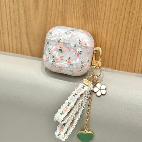 CUTECASE シェル風花柄 Airpods Pro3ケース 刺繍ハートキーホルダー Airpods 4/3カバーケース AirpodsPro2/1 オシャレ 高級感 CM6238