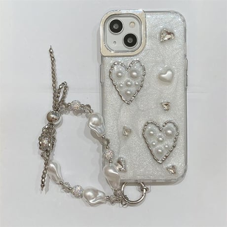 CUTECASEガールズに人気 iPhone15pro/15ケース パール/ハート ストラップ付 アイフォン14pro/13/12カバー 女子力高い トレンドCM4391