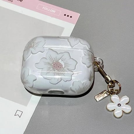 CUTECASE春夏 Airpods4ケース 白花柄 Airpods3/Pro2ケース airpodspro2カバー 花キーチェーン付 女子力高い 淡色系CM5204