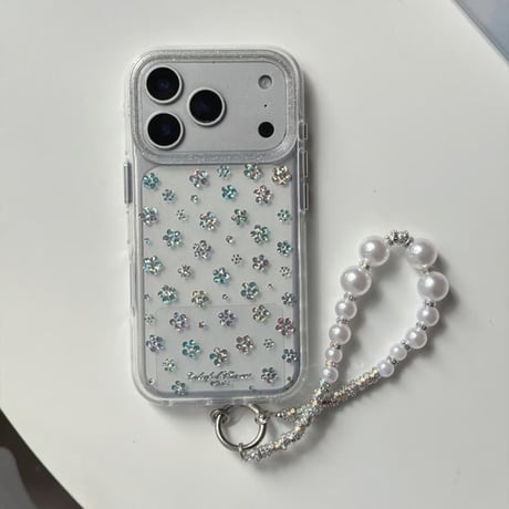 CUTECASE キラキラ花 iPhone17pro/17ケース ラメ入り iPhone16/15proケース 可愛いパールストラップ 女子力高いCM6160