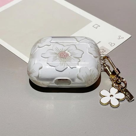 CUTECASE春夏 Airpods4ケース 白花柄 Airpods3/Pro2ケース airpodspro2カバー 花キーチェーン付 女子力高い 淡色系CM5204