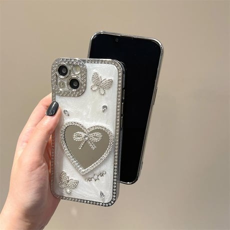 CUTECASE リボンミラー iPhone16pro/16ケース 蝶々 ストーン iPhone15pro/14/13promaxカバー 可愛い 大人ガーリーに人気CM5495