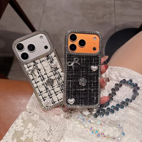 CUTECASEツイード生地 iPhone17Promaxケースジュエリーライン リボン/パール iPhone17pro/15/14カバー キラキラストラップ付 CM5830