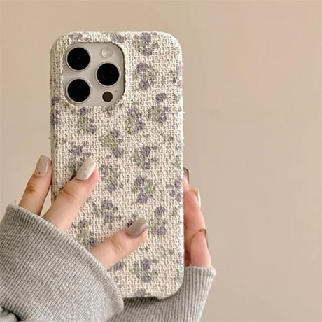 CUTECASE 布生地 iPhone16/16Proケース パープル花柄 iPhone15/14pro/13Pro/12ケース 秋冬人気 女子力アップ CM4660
