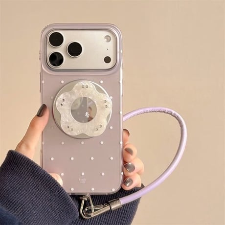 CUTECASEミラー付花グリップ iPhone17pro/17ケース MagSafe対応 iPhone16/15promax/14ケース レザーストラップ ラベンダーに合うCM6097