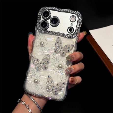 CUTECASEジュエリーカメラカバー iPhone17Pro/17ProMaxケース 蝶々デコ iPhone17/Airカバー シェル風 キラキラ うねうね CM5735