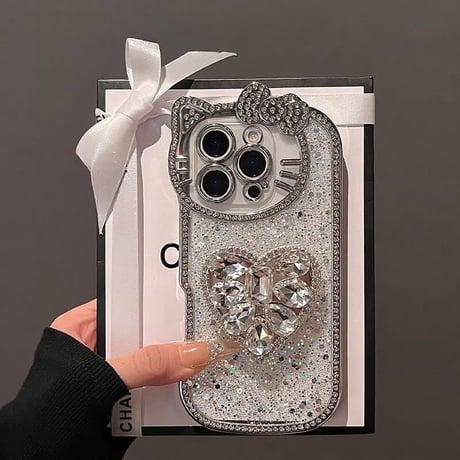 CUTECASE大人可愛い iPhone16/16Proケース ダイヤリボン ハート/蝶グリップ iPhone15Pro/14/13Proケース グリッター入り キラキラ ギフトに最適 CM4817