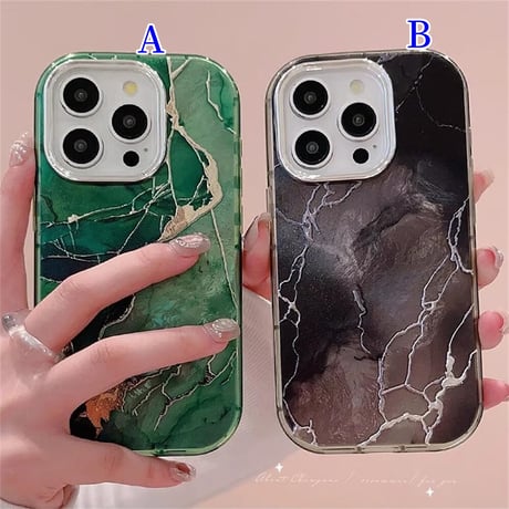 CUTECASE大理石調 iPhone15/16Proケース グリーン/ブラック アイフォン14Pro/13カバー オシャレ シック お揃い CM4607