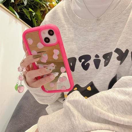 CUTECASE イチゴ ミラーiPhone15/15proケース ストラップ付 iPhone14/13pro/12ケース レンズフイルム付 丈夫CM4060