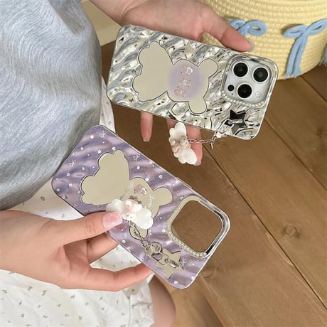 CUTECASE熊ちゃんミラー iPhone16/16proケース 可愛いバックチャーム付 iPhone15pro/14pro/13カバー 艶感 可愛い CM5419