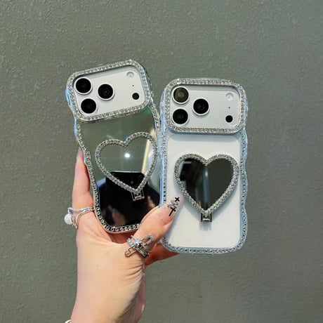 CUTECASE ハート型ミラーリングスタンド iPhone17/17proケース ジュエリーデコ iPhone16/15Pro/14Promaxカバー うねうねライン 高級感 便利CM6201