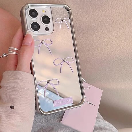 CUTECASE鏡付 リボン iPhone15/15proケース 女子力UP ラベンダー iPhone14/13pro/12ケース かわいい 韓国風 高級感CM4269