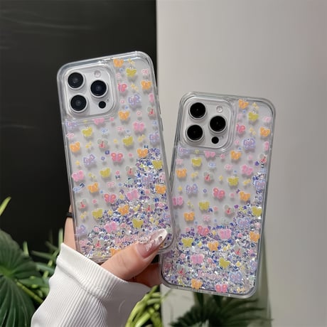 CUTECASE動く液体 iPhone16/16proケース 蝶々 キラキラグリッター入り iPhone14/13pro/12カバー 大人可愛い 夏に人気 人気CM5250
