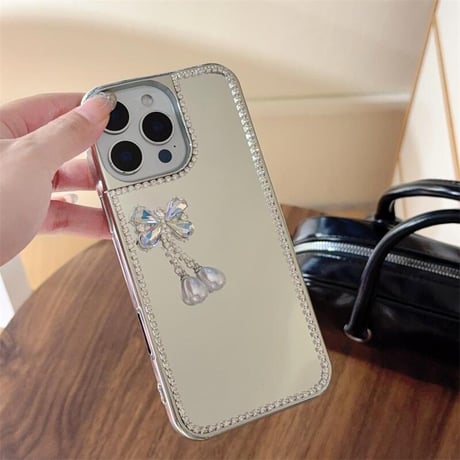 CUTECASEミラー iPhone16e/16proケース 蝶/花デコ ダイヤ/パール iPhone15promax/14/13カバー おしゃれ シック 女子力高い CM5281