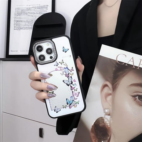 CUTECASEシック 鏡iPhone15pro/15カバー 蝶柄 アイフォン14pro/13promax/12ケース 夏に人気 エレガントCM4414