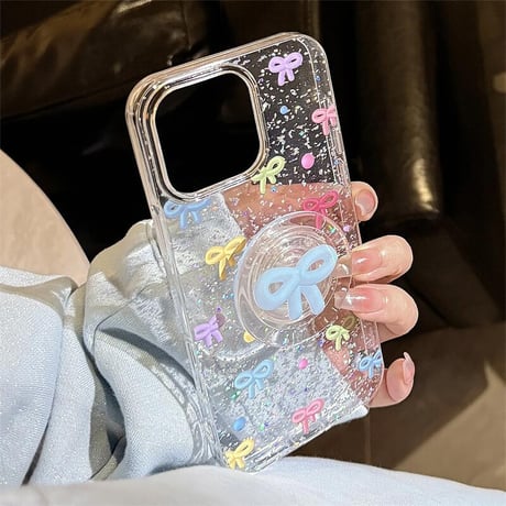 CUTECASE大人可愛い iPhone16/16proケース リボン グリップ付き iPhone14/13pro/12proカバー ラメ入り キラキラCM5164