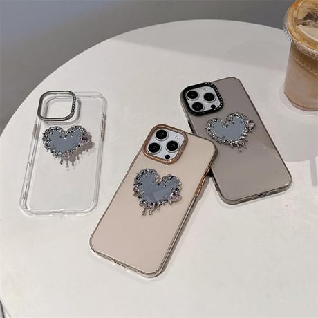 CUTECASEダイヤハート鏡付 iPhone16/16proケース高透明感クリア iPhone15Pro/14カバー 黄ばまない CM4783