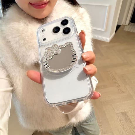 CUTECASE リボンミラー iPhone17Pro/17ケース ジュエリーデコ 透明 iPhone17ProMax/16/15/14カバー 可愛すぎ メイク直し鏡 スタンド CM5945