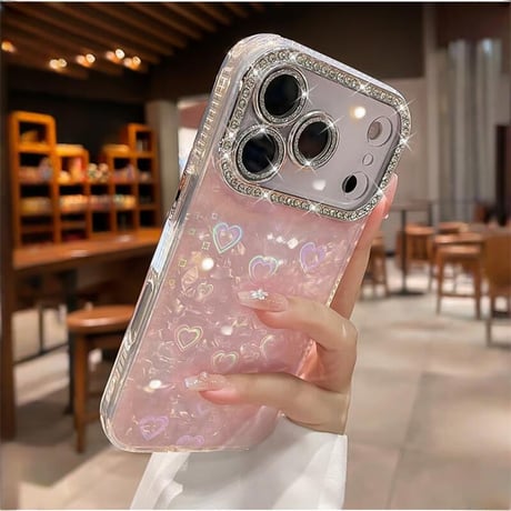 CUTECASE ジュエリーカメラカバー iPhone17Pro/17ケース シェル柄 キラキラハート入り iPhone17promax/Air/16proケース 大人可愛い 美しいCM5722