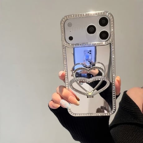 CUTECASE ジュエリーラインミラー iPhone17Pro/17ケース ダイヤハートミラーリングスタンド iPhone17Promax/16Pro/15ケース かわいい 多機能便利CM6173