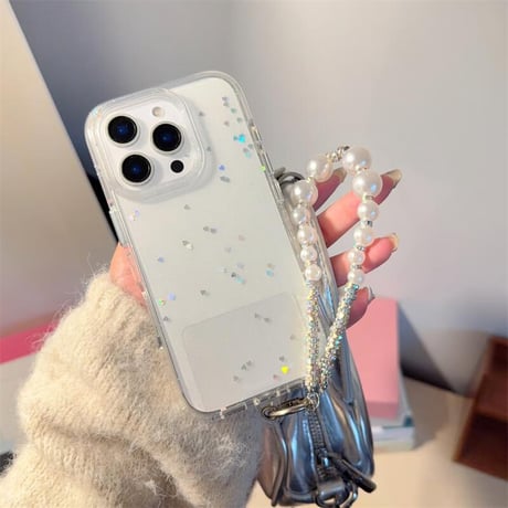 CUTECASEハートグリッター iPhone16pro/16ケース 高透明 パールストラップ iPhone15pro/14/13カバー 可愛い 高級感たっぷりCM5219