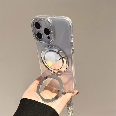 CUTECASEミラーリングスタンド アイフォン16/16proケース ジュエリー iPhone15pro/14/13proカバー オシャレストラップ 高透明 CM5506