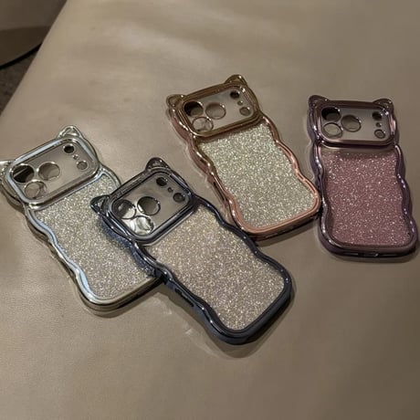 CUTECASE 猫の耳iPhone17Promaxケースラメ入りシール付き アイフォン16/15pro/14/13カバー オシャレ 可愛いうねうね メッキ CM2403