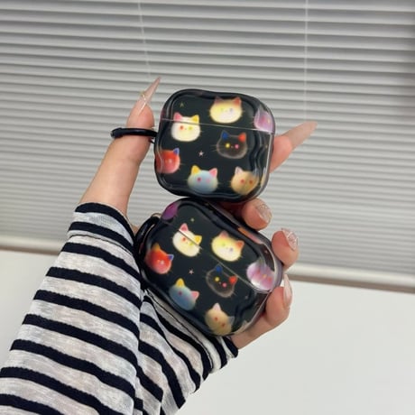 CUTECASE ネコちゃん AirpodsPro3ケース ブラック Airpods4/3カバー AirpodsPro第2/1世代 リングも付き かわいいCM6532
