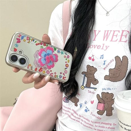 CUTECASEメイク鏡 iPhone16pro/16ケース 花/蝶グリップ iphone15pro/14/13proカバー 大人可愛い 春夏向け 便利CM5167