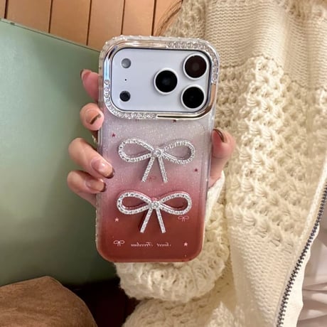 CUTECASE ダイヤリボン iPhone17/17Proケース キラキララメ入り iPhone17ProMax/16/15シリーズカバー 可愛い グラデーションカラー CM5789