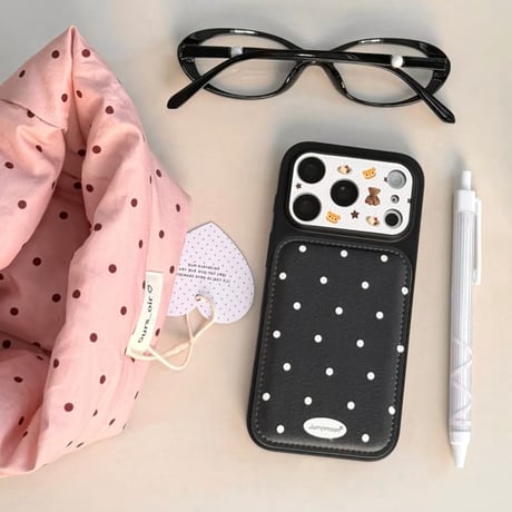 CUTECASE 熊ちゃんカメラカバー iPhone17Pro/17ケース 皮 水玉模様 iPhone17ProMax/16Pro/15カバー ブラック ギフトにおすすめCM6076