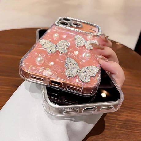 CUTECASE パール蝶 iPhone17Pro/17ケース シェル調 キラキラハート柄 iPhone17promax/17Air/16ケース レンズフイルム付き 大人可愛い CM5695